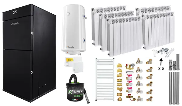 Pachet Centrala peleti Fornello Pellet King 25 kw, complet echipata, pompa circulatie, vas expansiune, automatizare, Calorifere aluminiu Fornello Alvo, Boiler, kit evacuare 3.5 ml, Aspirator, Termostat si Fitinguri