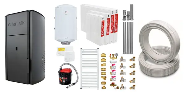 Pachet Centrala peleti Fornello Royal B 25 kw, complet echipata pentru incalzire, pompa circulatie, teava hidronix, vas expansiune, automatizare, kit evacuare 3.5 ml, Boiler Termoelectric Fornello 100 l, Termostat Salus 091FLRFV2, Aspirator, Radi