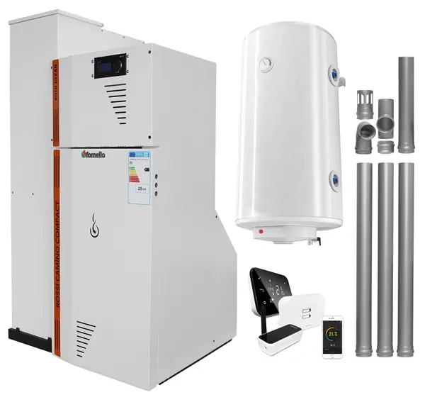 Pachet Centrala termica compacta pe peleti Fornello Rossi Camino Compact Automatic 25 kw, boiler, kit evacuare, pompa de circulatie, vas expansiune, tiraj fortat, curatare automata a arzatorului si a drumurilor de fum, Ecodesign, A+