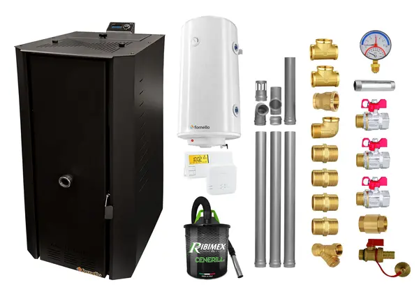 Pachet Centrala termica pe peleti Fornello Rossi B Black 25 kw, pompa de circulatie, vas expansiune, tiraj fortat, Ecodesign, A+, Boiler Termoelectric Fornello 100 l, Termostat Salus 091FLRFV2, Aspirator, Kit evacuare 3.5 ml si Fitinguri montaj
