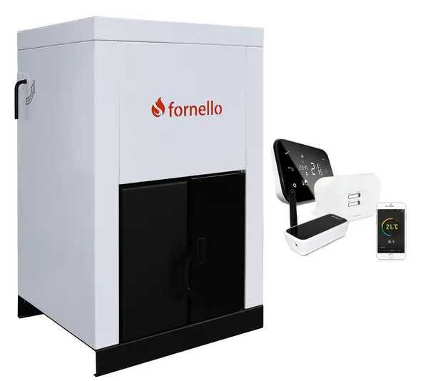 Pachet control de la distanta Centrala pe peleti Fornello Eco Energy 25 kW, complet echipata pentru incalzire, pompa circulatie, vas expansiune, automatizare, buncar peleti 45 kg, tiraj fortat, aprindere automata, curatare facila, pana la 200 mp