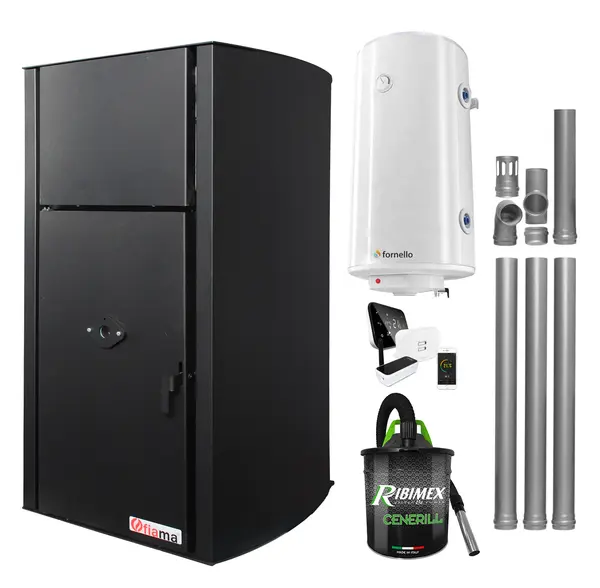 Pachet control de la distanta, Centrala pe peleti Fornello Fiama Confort B 25 kw, complet echipata pentru incalzire, Pompa, Vas expansiune, Automatizare, Boiler 100 litri, Termostat Salus IT 500, Aspirator Cenusa si Kit evacuare 3.5 ml