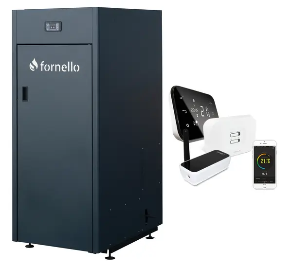 Pachet control de la distanta, Centrala pe peleti Fornello King Plus 35 KW, termostat, pompa de circulatie, vas de expansiune, supapa de siguranta, automatizare, rezervor pentru peleti 145 kg, creuzet din fonta, tiraj fortat