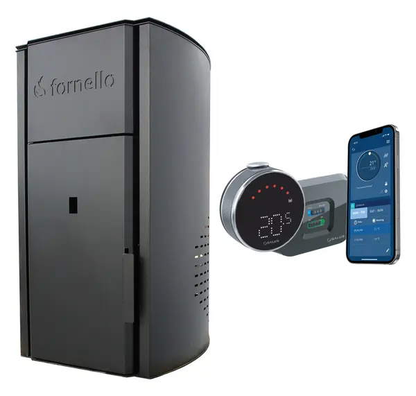 Pachet control de la distanta Centrala pe peleti Fornello Royal B 25 KW, pompa circulatie, vas expansiune, telecomanda, buncar tiraj fortat, recomandat pentru 160 mp si termostat Wi-Fi Salus IT 800