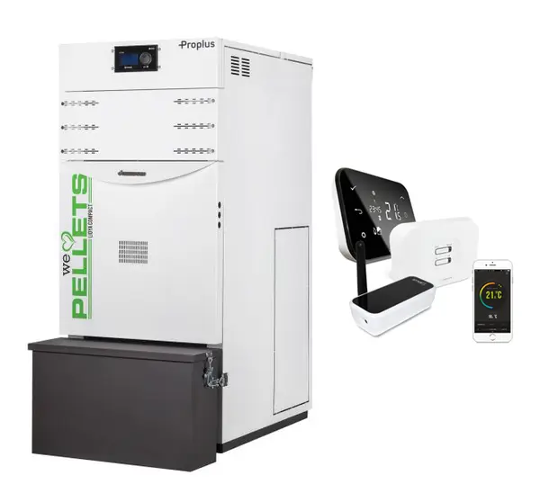 Pachet control de la distanta Centrala termica automata pe peleti Fornello Lidya Compact Proplus 25 kw, pompa Grundfos, vas, manometru, supapa, arzator inox, curatare automata arzator / schimbator si termostat Wi-Fi Salus IT 500