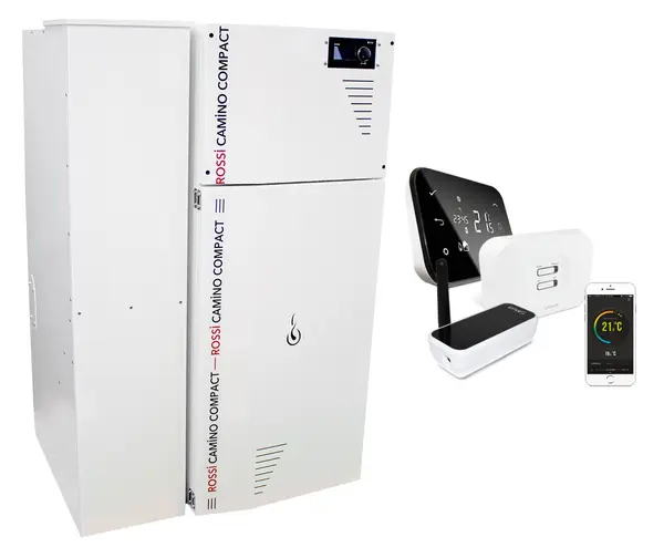 Pachet control de la distanta Centrala termica compacta pe peleti Fornello Rossi Camino Compact 35 kw, pompa, vas expansiune, tiraj fortat, cu rezervor 153 l, arzator inox si termostat Wi-Fi Salus IT 500