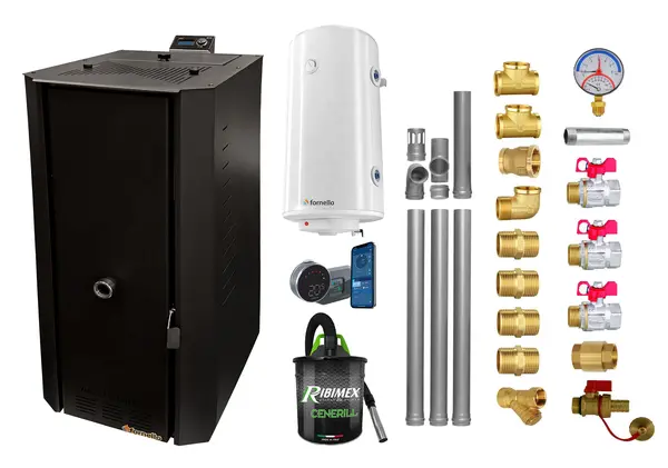 Pachet control de la distanta Centrala termica pe peleti Fornello Rossi B Black 25 kw, pompa, vas expansiune, tiraj fortat, Boiler Termoelectric Fornello 100 l, Termostat Salus IT 800, Aspirator, Kit evacuare 3.5 ml, Fitinguri montaj si Radiatoare
