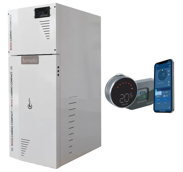 Pachet control de la distanta Centrala termica pe peleti Fornello Rossi Camino Compact 35 kw, pompa, vas expansiune, tiraj fortat, arzator inox si termostat Wi-Fi Salus IT 800