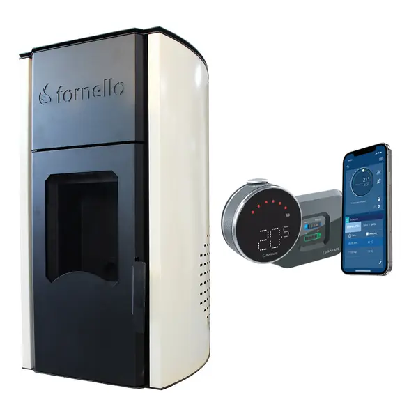 Pachet control de la distanta Termosemineu centrala pe peleti Fornello Royal 30 kw, echipat cu pompa de circulatie, vas expansiune , supapa siguranta, buncar 30 kg, automatizare, culoare crem, pana la 200 mp si termostat Wi-Fi Salus IT 800