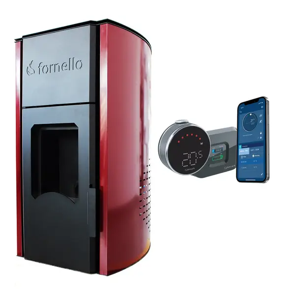 Pachet control de la distanta Termosemineu centrala peleti Fornello Royal Bordeaux 25 kw, complet echipat pentru incalzire, pompa, vas expansiune, automatizare, telecomanda, buncar peleti tiraj fortat si termostat Wi-Fi Salus IT 800