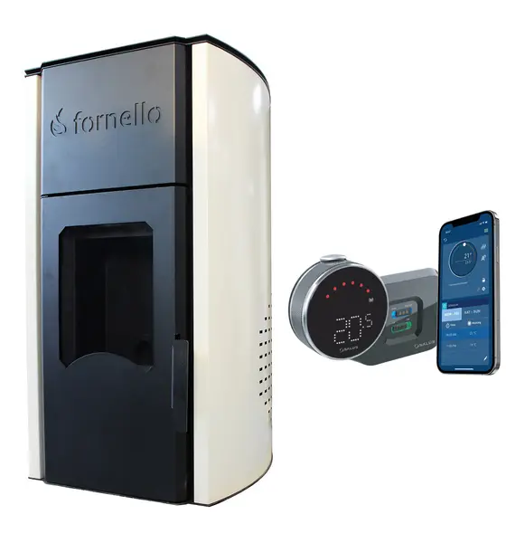 Pachet control de la distanta Termosemineu centrala peleti Fornello Royal Ivory 25 kw, complet echipat pentru incalzire, pompa, vas expansiune, automatizare, telecomanda, buncar peleti tiraj fortat si termostat Wi-Fi Salus IT 800