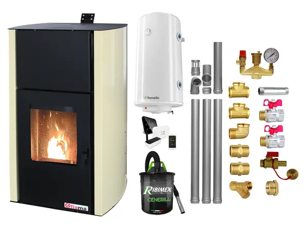 Pachet control de la distanta Termosemineu pe peleti Fornello Fiama Confort 30 kW, cu pompa, vas expansiune, automatizare, boiler, termostat, aspirator, kit evacuare 3.5 ml, fitinguri, buncar 35 kg, culoare crem, pana la 200 mp