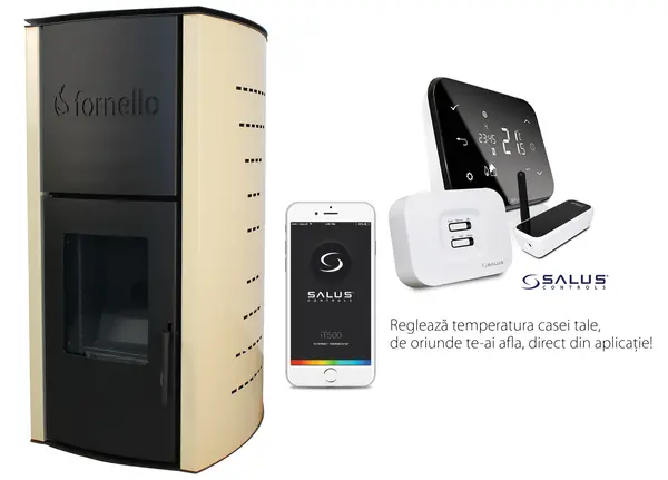 Pachet control de la distanta Termosemineu pe peleti Fornello Royal 18 kw, pompa, vas expansiune, aprindere automata, buncar peleti integrat, culoare ivory si termostat Wi-Fi Salus IT 500