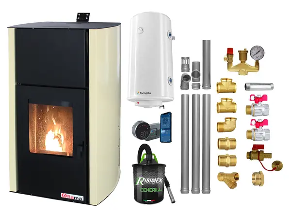 Pachet control de la distanta, Termosemineu pe peleti Fornello Fiama Confort 25 kw, complet echipat pentru incalzire, Pompa, Vas expansiune, Automatizare, Boiler 100 litri, Termostat Salus IT 800, Aspirator, Kit evacuare 3.5 ml si Fitinguri montaj