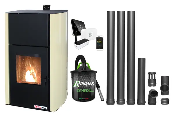 Pachet control de la distanta, Termosemineu pe peleti Fornello Fiama Confort 18 kw, complet echipat pentru incalzire, Pompa, Vas expansiune, Automatizare, Termostat ambiental Salus IT 500, Aspirator Cenusa si Kit evacuare 3.5 ml