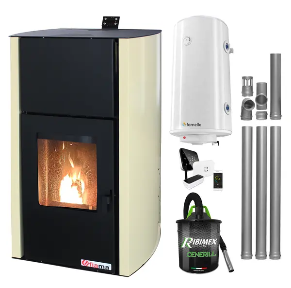 Pachet control de la distanta, Termosemineu pe peleti Fornello Fiama Confort 18 kw, complet echipat pentru incalzire, Pompa, Vas expansiune, Automatizare, Boiler 100 litri, Termostat Salus IT 500, Aspirator Cenusa si Kit evacuare 3.5 ml