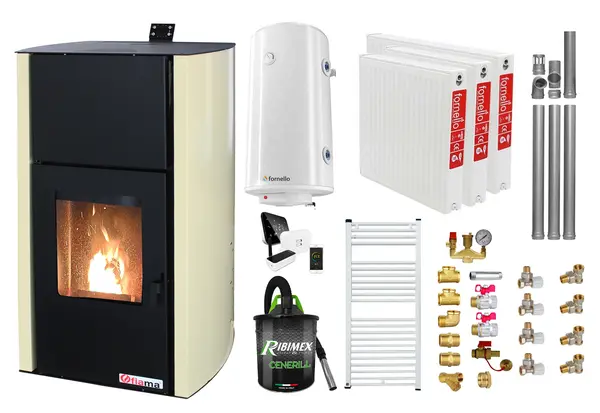 Pachet control de la distanta, Termosemineu pe peleti Fornello Fiama Confort 12 kw, Pompa, Vas expansiune, Automatizare, Radiatoare otel, Boiler 100 litri, Termostat, Aspirator, Kit 3.5 ml si Fitinguri montaj