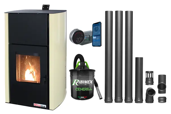 Pachet control de la distanta Termosemineu pe peleti Fornello Fiama Confort 30 kW, cu pompa, vas expansiune, automatizare, termostat, aspirator, kit evacuare 3.5 ml, buncar 35 kg, tiraj fortat, culoare crem, pana la 200 mp