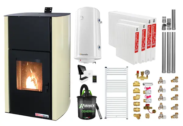 Pachet control de la distanta Termosemineu pe peleti Fornello Fiama Confort 30 kW, pompa, vas expansiune, automatizare, radiatoare otel, boiler, termostat, aspirator, kit evacuare 3.5 ml, fitinguri, buncar 35 kg, culoare crem, pana la 200 mp