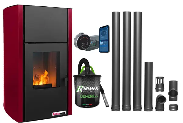 Pachet control de la distanta, Termosemineu pe peleti Fornello Fiama Confort 25 kw, culoare Bordeaux, complet echipat pentru incalzire,Kit evacuare 3.5 ml, Pompa, Vas expansiune, Automatizare, Termostat ambiental Salus IT 800, Aspirator Cenusa