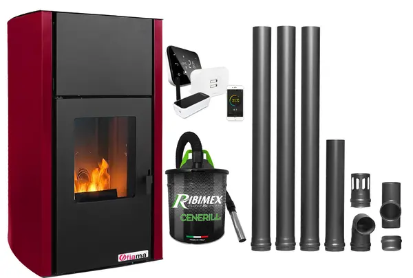Pachet control de la distanta, Termosemineu pe peleti Fornello Fiama Confort 25 kw, culoare Bordeaux, complet echipat pentru incalzire,Kit evacuare 3.5 ml, Pompa, Vas expansiune, Automatizare, Termostat ambiental Salus IT 500, Aspirator Cenusa