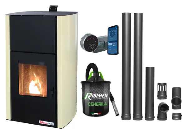Pachet control de la distanta Termosemineu pe peleti Fornello Fiama Confort 30 kW, cu pompa, vas expansiune, automatizare, termostat, aspirator, kit evacuare 2.5 ml, buncar 35 kg, tiraj fortat, culoare crem, pana la 200 mp