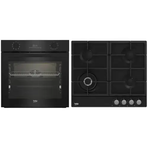 Pachet Cuptor Beko BBSM17330BCS, Clasa A, Capacitate 72 l, 3D Cooking,Grill, Autocuratare catalitica + Plita incorporabila Beko, Gaz, 4 arzatoare, Aprindere electrica, Siguranta, Wok, Gratar fonta (Negru)