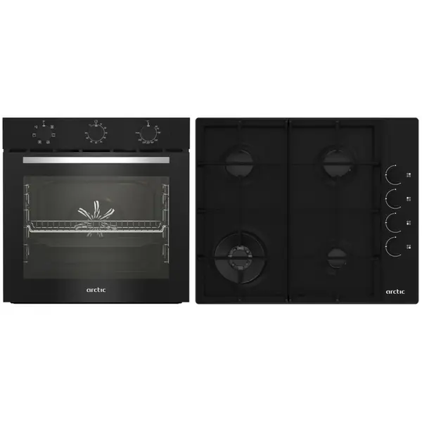 Pachet cuptor electric si plita gaz Arctic ARSE11130BD, Incorporabil, 72 l, 6 functii, 4 arzatoare, Arzator Wok, AquaDropClean, Grill, Timer, plita cu aprindere electrica
