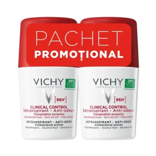 Pachet Deodorant roll-on antiperspirant Clinical Control 96H, 50 ml + 50 ml, Vichy