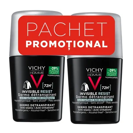 Pachet Deodorant Roll-On Antiperspirant pentru Bărbați Invisible Resist 72H, 50 ml + 50 ml, Vichy