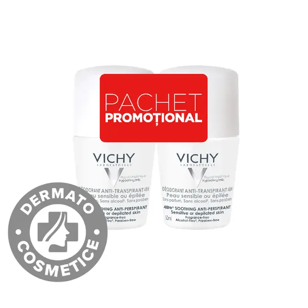 Pachet Deodorant roll-on fara parfum antiperspirant 48h, 2x50ml, Vichy