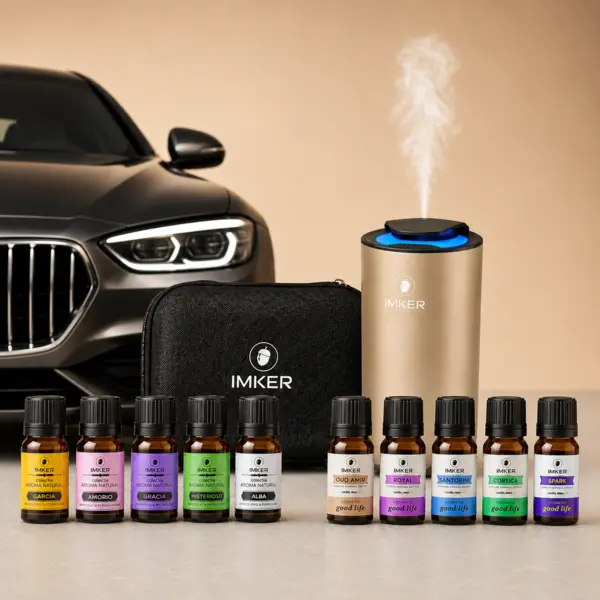 Pachet EXPLORER difuzor auto camera IMKER AromaLUX XS02.AC Plus, geanta si zece rezerve de parfum compatibile (10 ml) Auriu Cappuccino