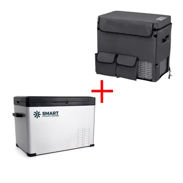 Pachet frigider auto cu compresor smart cooler 40l , 12/24/220v, cu display LCD si bluetooth, transformator 220V inclus, taxa verde inclusa+Husa de protectie termoizolanta