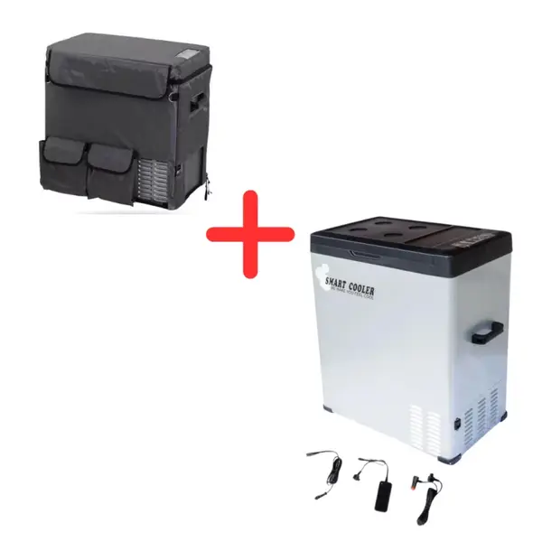 Pachet frigider auto cu compresor smart cooler 75l , 12/24/220v, cu display LCD si bluetooth, transformator 220V inclus, taxa verde inclusa+Husa de protectie termoizolanta