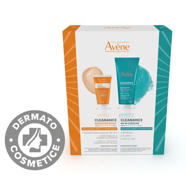 Pachet Gel de curatare pentru ten cu tendinta acneica Cleanance 200ml + Crema de fata nuantatoare cu protectie solara Cleanance Triasorb SPF50+ 50ml, Avene
