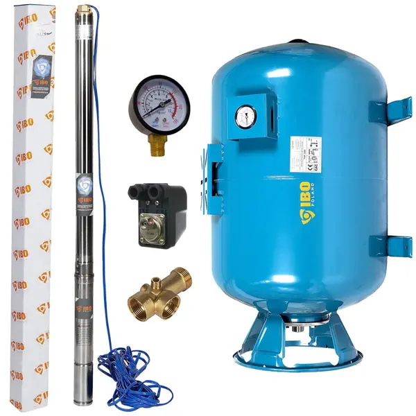Pachet Hidrofor IBO 150L Vertical/Orizontal cu Pompa Submersibila IBO Dambat 3TI15 (370 W, 50 l/min, H Refulare 60 m, 3 Toli), cablu 20 m