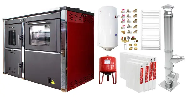 Pachet incalzire si apa calda 3 camere Termosemineu FORNELLO STAR Red 34 kw pe combustibil solid prevazut cu plita si cuptor pentru gatit, echipat cu pompa de circulare, cos inox, boiler termoelectric 100l, vas expansiune, kit montaj si calorifere