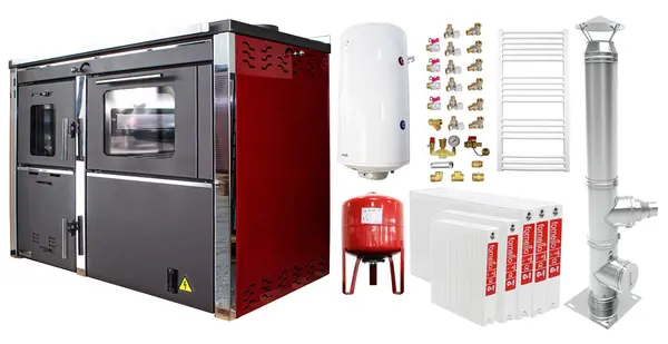 Pachet incalzire si apa calda 4 camere Termosemineu FORNELLO STAR Red 34 kw pe combustibil solid prevazut cu plita si cuptor pentru gatit, echipat cu pompa de circulare, cos inox, boiler termoelectric 100l, vas expansiune, kit montaj si calorifere