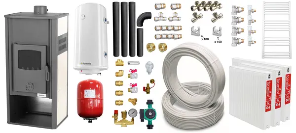 Pachet incalzire si apa calda pentru 2 camere Termosemineu pe lemne, brichete si carbune Fornello Roma E, Ivory, 22 kW, 49x45x103 cm, teava, boiler termoelectric 100l, vas expansiune, pompa circulatie, kit evacuare, calorifere si fitinguri