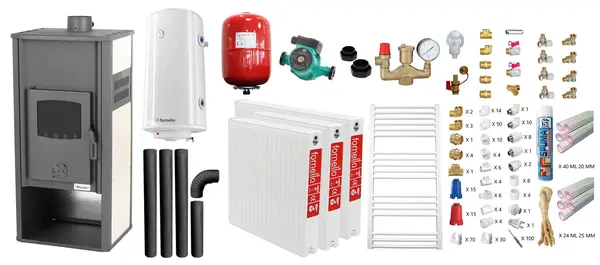 Pachet incalzire si apa calda pentru 2 camere Termosemineu pe lemne, brichete si carbune Fornello Roma E, Ivory, 22 kW, 49x45x103 cm, teava PPR si fitinguri, boiler termoelectric 100l, vas expansiune, pompa circulatie, kit evacuare, calorifere si kit
