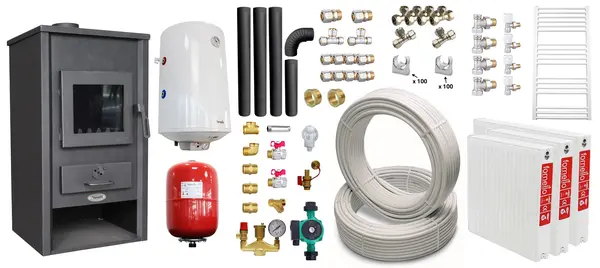 Pachet incalzire si apa calda pentru 2 camere Termosemineu pe lemne, brichete si carbune Fornello B2E, 14 kW, 46x45x91 cm, boiler termoelectric 80l, teava, vas expansiune, pompa circulatie, kit evacuare, calorifere si fitinguri