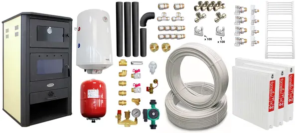 Pachet incalzire si apa calda pentru 2 camere Termosemineu pe lemne, brichete si carbune Fornello MILANO E, 24 KW, cuptor, Ivory, 580x560x1060 mm, boiler termoelectric 100l, teava, vas expansiune, pompa circulatie, calorifere, kit evacuare si fitingu
