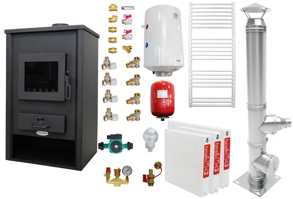 Pachet incalzire si apa calda pentru 2 camere Termosemineu pe lemne, brichete si carbune Fornello Padova E, 19.4 kW, 510x500x910 mm, cos inox, boiler termoelectric 80l, vas expansiune, pompa circulare, calorifere si kit montaj