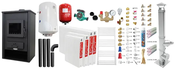 Pachet incalzire si apa calda pentru 3 camere Termosemineu pe lemne, brichete si carbune Fornello PADOVA E, 19.4 kW, 510x500x910 mm, cos inox, teava PPR si fitinguri, boiler termoelectric 80l, vas expansiune, pompa circulatie, calorifere si kit monta