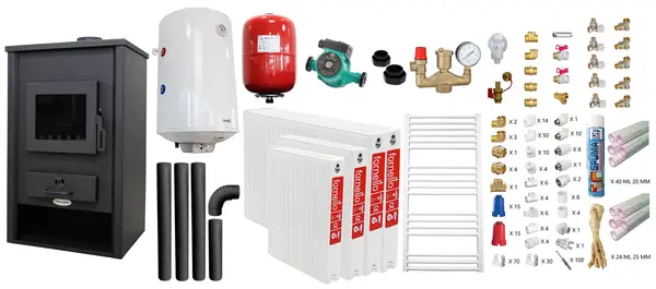 Pachet incalzire si apa calda pentru 3 camere Termosemineu pe lemne, brichete si carbune Fornello PADOVA E, 19.4 kW, 510x500x910 mm, teava PPR si fitinguri, boiler termoelectric 80l, vas expansiune, pompa circulare, calorifere, kit evacuare si kit mo