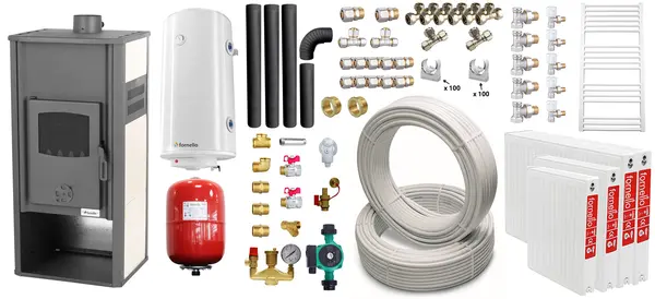 Pachet incalzire si apa calda pentru 3 camere Termosemineu pe lemne, brichete si carbune Fornello Roma E, Ivory, 22 kW, 49x45x103 cm, teava, boiler termoelectric 100l, vas expansiune, pompa circulatie, kit evacuare, calorifere si fitingu