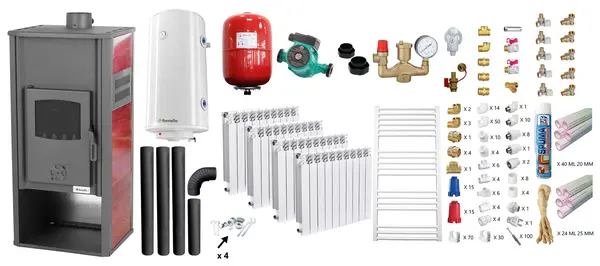 Pachet incalzire si apa calda Termosemineu pe lemne, brichete si carbune Fornello Roma E, Bordeaux, 22 kW, calorifere aluminiu Fornello Alvo, teava PPR si fitinguri, boiler termoelectric 100l, vas expansiune, pompa circulatie, kit evacuare kit montaj
