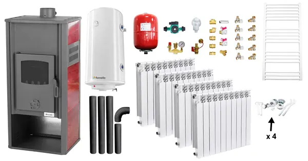 Pachet incalzire si apa calda Termosemineu pe lemne, brichete si carbune Fornello Roma E, Bordeaux, 22 kW, calorifere aluminiu Fornello Alvo, boiler termoelectric 100l, vas expansiune, pompa circulatie, kit evacuare kit montaj