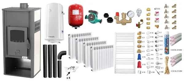 Pachet incalzire si apa calda Termosemineu pe lemne, brichete si carbune Fornello Roma E, Ivory, 22 kW, calorifere aluminiu Fornello Alvo, teava PPR si fitinguri, boiler termoelectric 100l, vas expansiune, pompa circulatie, kit evacuare kit montaj