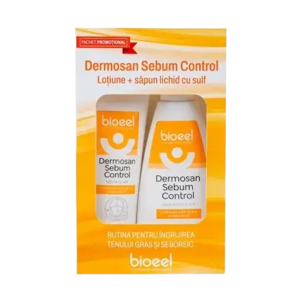 Pachet Lotiune cu sulf 100ml+ Sapun lichid cu sulf 200ml Dermosan Sebum Control, Bioeel